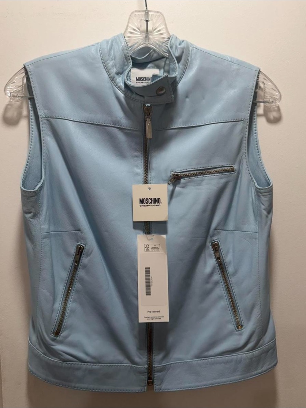 Moschino Pale Blue Leather Sleeveless Zip Vest